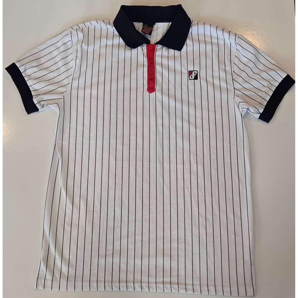 Bleecker and Mercer Navy White Pinstripe Polo‎ Shirt Large Collared Short Sleeve